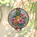 Pineapple Stained Glass Suncatcher, Round Tropical Window Panel with Pink Hibiscus Flowers, Colorful Kitchen Garden Beach Home Decor Gift