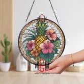 Orange Tree Stained Glass Suncatcher, Round Window Panel with Branches and Leaves, Colorful Fruit Inspired Kitchen Garden Home Decor Gift