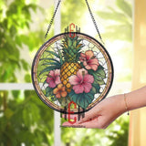 Orange Tree Stained Glass Suncatcher, Round Window Panel with Branches and Leaves, Colorful Fruit Inspired Kitchen Garden Home Decor Gift