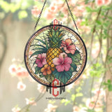 Orange Tree Stained Glass Suncatcher, Round Window Panel with Branches and Leaves, Colorful Fruit Inspired Kitchen Garden Home Decor Gift