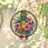 Orange Tree Stained Glass Suncatcher, Round Window Panel with Branches and Leaves, Colorful Fruit Inspired Kitchen Garden Home Decor Gift