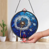 Dandelion Stained Glass Suncatcher, Round Blue Night Sky Window Panel with White Seeds, Whimsical Nature Inspired Home Decor Gift