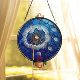 Dandelion Stained Glass Suncatcher, Round Blue Night Sky Window Panel with White Seeds, Whimsical Nature Inspired Home Decor Gift