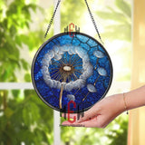 Dandelion Stained Glass Suncatcher, Round Blue Night Sky Window Panel with White Seeds, Whimsical Nature Inspired Home Decor Gift