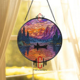 Fishing Sunset Stained Glass Suncatcher, Round Lake and Mountain Window Panel with Silhouette Boat, Outdoor Nature Home Decor Gift