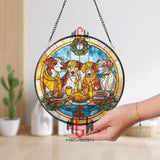 Christmas Dogs Stained Glass Suncatcher, Round Holiday Window Panel with Wreath, Candles and Feast, Pet Lover Festive Home Decor Gift