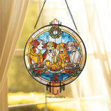 Christmas Dogs Stained Glass Suncatcher, Round Holiday Window Panel with Wreath, Candles and Feast, Pet Lover Festive Home Decor Gift