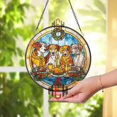 Christmas Dogs Stained Glass Suncatcher, Round Holiday Window Panel with Wreath, Candles and Feast, Pet Lover Festive Home Decor Gift