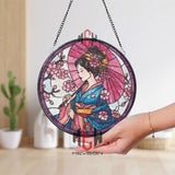Geisha Stained Glass Suncatcher, Round Japanese Woman with Parasol and Cherry Blossoms Window Panel, Oriental Floral Home Decor Gift