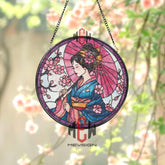 Geisha Stained Glass Suncatcher, Round Japanese Woman with Parasol and Cherry Blossoms Window Panel, Oriental Floral Home Decor Gift