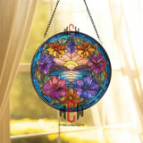 Sunset Stained Glass Suncatcher, Round Ocean Landscape with Colorful Flowers and Mountains, Vibrant Window Panel Nature Home Decor Gift