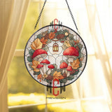 Mushroom Wreath Stained Glass Suncatcher, Round Autumn Window Panel with Red Mushrooms, Leaves and Lantern, Woodland Nature Home Decor