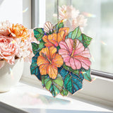 Hibiscus Flower Acrylic Suncatcher, Stained Glass Style Tropical Floral Window Hanging, Colorful Garden Wall Art Gift for Nature Lovers