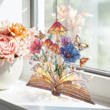 Book Acrylic Suncatcher with Mushrooms and Butterflies, Stained Glass Style Floral Fantasy Window Hanging