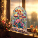Open Book Acrylic Suncatcher, Stained Glass Style Mushrooms and Flowers Fantasy Window Hanging, Cottagecore Nature Reading Lover Gift
