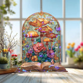 Open Book Acrylic Suncatcher, Stained Glass Style Mushrooms and Flowers Fantasy Window Hanging, Cottagecore Nature Reading Lover Gift