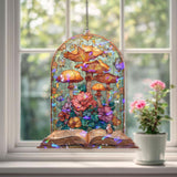 Open Book Acrylic Suncatcher, Stained Glass Style Mushrooms and Flowers Fantasy Window Hanging, Cottagecore Nature Reading Lover Gift