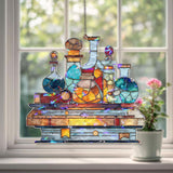 Potion Bottles Acrylic Suncatcher, Stained Glass Style Alchemy Book Window Hanging, Fantasy Wizard Lab Magical Decor Gift for Readers
