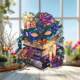 Masquerade Mask Acrylic Suncatcher, Stained Glass Style Books Roses and Candles Window Hanging, Gothic Fantasy Reading Lover Gift Decor