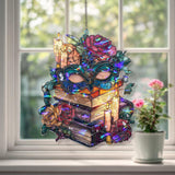 Masquerade Mask Acrylic Suncatcher, Stained Glass Style Books Roses and Candles Window Hanging, Gothic Fantasy Reading Lover Gift Decor
