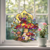 Frog Reading Acrylic Suncatcher, Stained Glass Style Mushroom Snail Forest Window Hanging, Whimsical Cottagecore Nature Lover Gift Decor