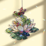 Frog on Lotus Acrylic Suncatcher, Stained Glass Style Water Lily and Butterfly Window Hanging, Whimsical Pond Nature Lover Gift Decor