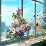 Frog on Lotus Acrylic Suncatcher, Stained Glass Style Water Lily and Butterfly Window Hanging, Whimsical Pond Nature Lover Gift Decor