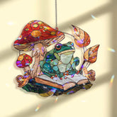 Frog Acrylic Suncatcher, Stained Glass Style Mushroom Book and Snail Window Hanging, Whimsical Cottagecore Nature Reading Lover Gift