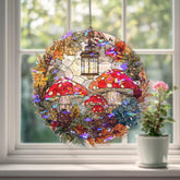 Mushroom Lantern Acrylic Suncatcher, Stained Glass Style Autumn Leaves Pinecones Round Window Hanging, Cottagecore Woodland Nature Decor