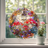 Mushroom Lantern Acrylic Suncatcher, Stained Glass Style Autumn Leaves Pinecones Round Window Hanging, Cottagecore Woodland Nature Decor
