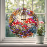 Mushroom Lantern Acrylic Suncatcher, Stained Glass Style Autumn Leaves Pinecones Round Window Hanging, Cottagecore Woodland Nature Decor