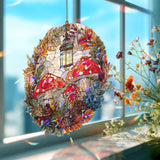 Mushroom Lantern Acrylic Suncatcher, Stained Glass Style Autumn Leaves Pinecones Round Window Hanging, Cottagecore Woodland Nature Decor
