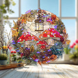 Mushroom Lantern Acrylic Suncatcher, Stained Glass Style Autumn Leaves Pinecones Round Window Hanging, Cottagecore Woodland Nature Decor