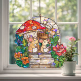 Mouse House Acrylic Suncatcher, Stained Glass Style Mice with Mushroom Cottage and Flowers Window Hanging, Whimsical Woodland Decor Gift