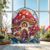 Mushroom House Acrylic Suncatcher, Stained Glass Style Fairy Cottage with Windows Window Hanging, Whimsical Woodland Fantasy Decor Gift
