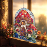 Mushroom House Acrylic Suncatcher, Stained Glass Style Fairy Cottage with Windows Window Hanging, Whimsical Woodland Fantasy Decor Gift