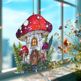 Mushroom House Acrylic Suncatcher, Stained Glass Style Fairy Cottage Window Hanging, Whimsical Woodland Fantasy Home Decor Gift