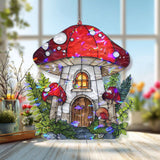 Mushroom House Acrylic Suncatcher, Stained Glass Style Fairy Cottage Window Hanging, Whimsical Woodland Fantasy Home Decor Gift