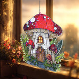 Mushroom House Acrylic Suncatcher, Stained Glass Style Fairy Cottage Window Hanging, Whimsical Woodland Fantasy Home Decor Gift