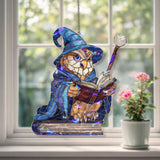 Wizard Owl Acrylic Suncatcher, Stained Glass Style Magical Owl with Book and Staff Window Hanging, Fantasy Reading Lover Gift Decor