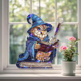 Wizard Owl Acrylic Suncatcher, Stained Glass Style Magical Owl with Book and Staff Window Hanging, Fantasy Reading Lover Gift Decor
