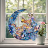 Moon Lady Acrylic Suncatcher, Stained Glass Style Woman with Lantern Crescent Window Hanging, Whimsical Fantasy Night Sky Home Decor Gift