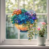 Hanging Succulent Acrylic Suncatcher, Stained Glass Style Colorful Plant Basket Window Hanging, Botanical Garden Lover Home Decor Gift