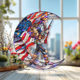 Soldier Acrylic Suncatcher, Stained Glass Style American Flag Crescent Moon Window Hanging, Patriotic Military Veteran Home Decor Gift