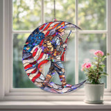 Soldier Acrylic Suncatcher, Stained Glass Style American Flag Crescent Moon Window Hanging, Patriotic Military Veteran Home Decor Gift