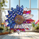 American Flag Sunflower Acrylic Suncatcher, Stained Glass Style Patriotic Flower Window Hanging, USA Pride Veteran Home Decor Gift