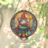 Wizard Mouse Stained Glass Suncatcher, Round Magical Potion Cauldron Window Panel with Starry Hat, Fantasy Halloween Home Decor Gift