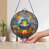 Frog Reading Stained Glass Suncatcher, Round Pumpkin Window Panel with Autumn Leaves and Book, Whimsical Fall Nature Home Decor Gift
