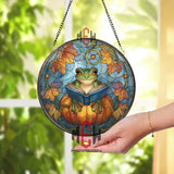 Frog Reading Stained Glass Suncatcher, Round Pumpkin Window Panel with Autumn Leaves and Book, Whimsical Fall Nature Home Decor Gift