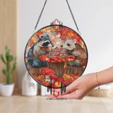 Raccoons Tea Party Stained Glass Suncatcher, Round Autumn Leaves Window Panel with Woodland Animals and Mushrooms, Cozy Fall Home Decor
